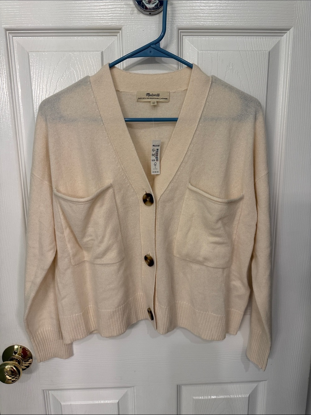 NWT Madewell Cream 100% Cashmere Cardigan with Tortoise Buttons